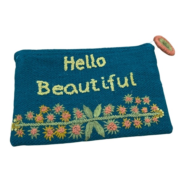 Jenny Krauss Embroidered Floral Zip Top Pouch Wool Teal Hello Beautiful Clutch - Picture 1 of 5